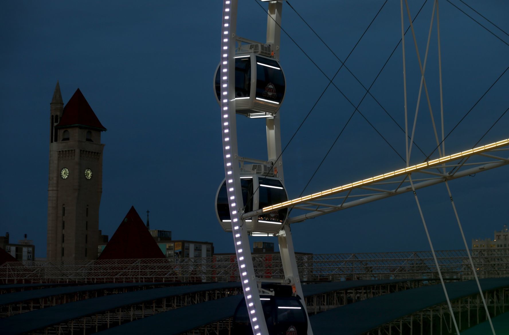 The St. Louis Wheel at Union Station lights up the sky